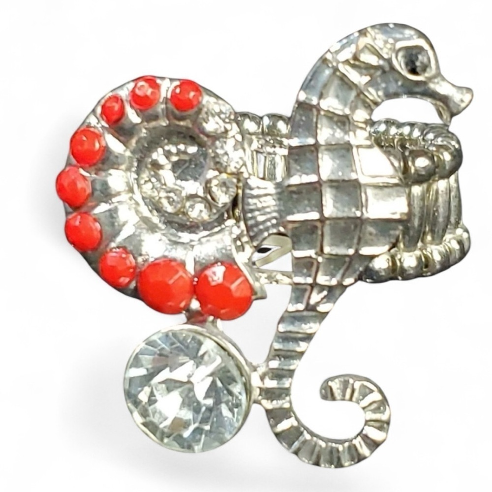 Silver Seahorse Ring with Red Accents